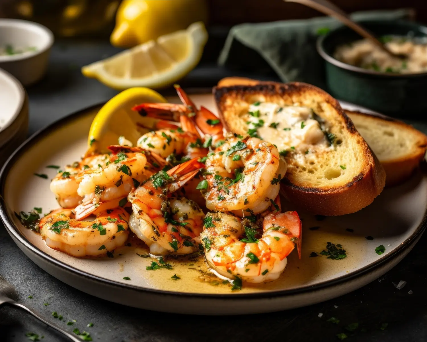 Scampi alla Griglia served on a white plate with garlic butter sauce and a slice of grilled bread